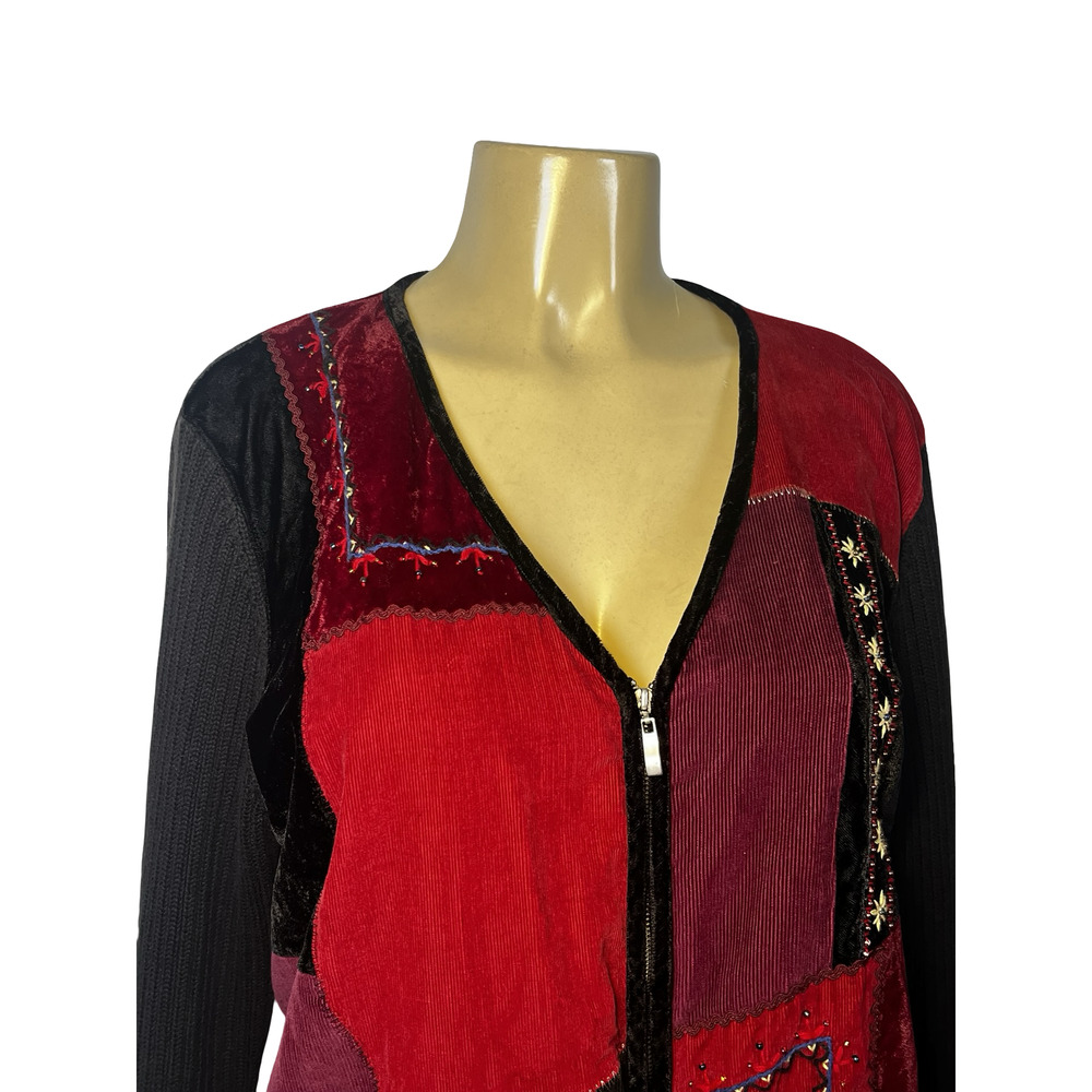 Crazy Horse Sweater Womens XL Black Red Patchwork Corduroy Velvet Zip Cardigan - Picture 2 of 12